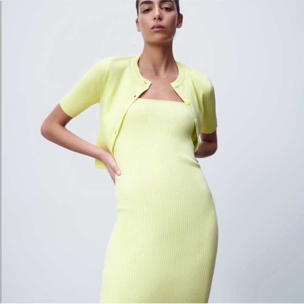 Zara yellow ribbed knit midi dress / short sleeve cardigan set size medium